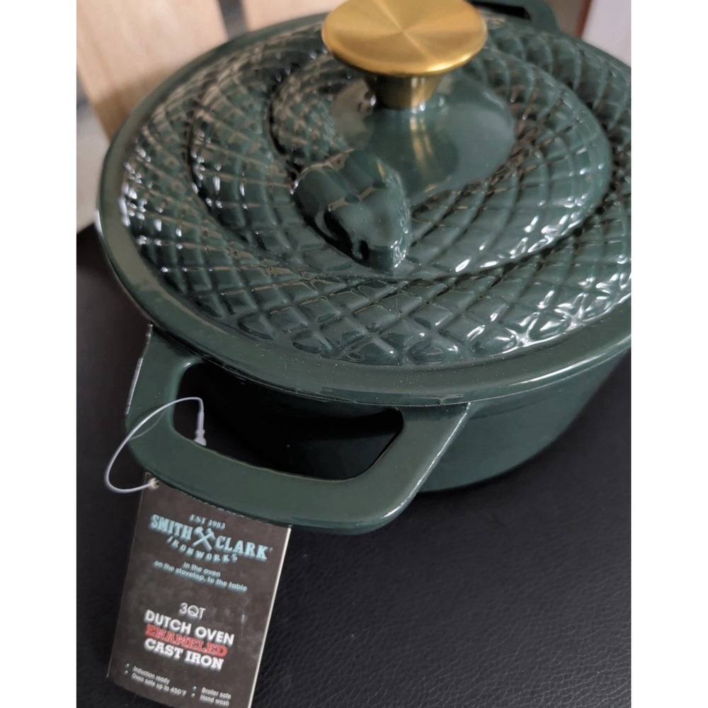 Smith & Clark 3 Quart Enameled Cast Iron Dutch Oven W/ "Coiled Snake" Lid NWT